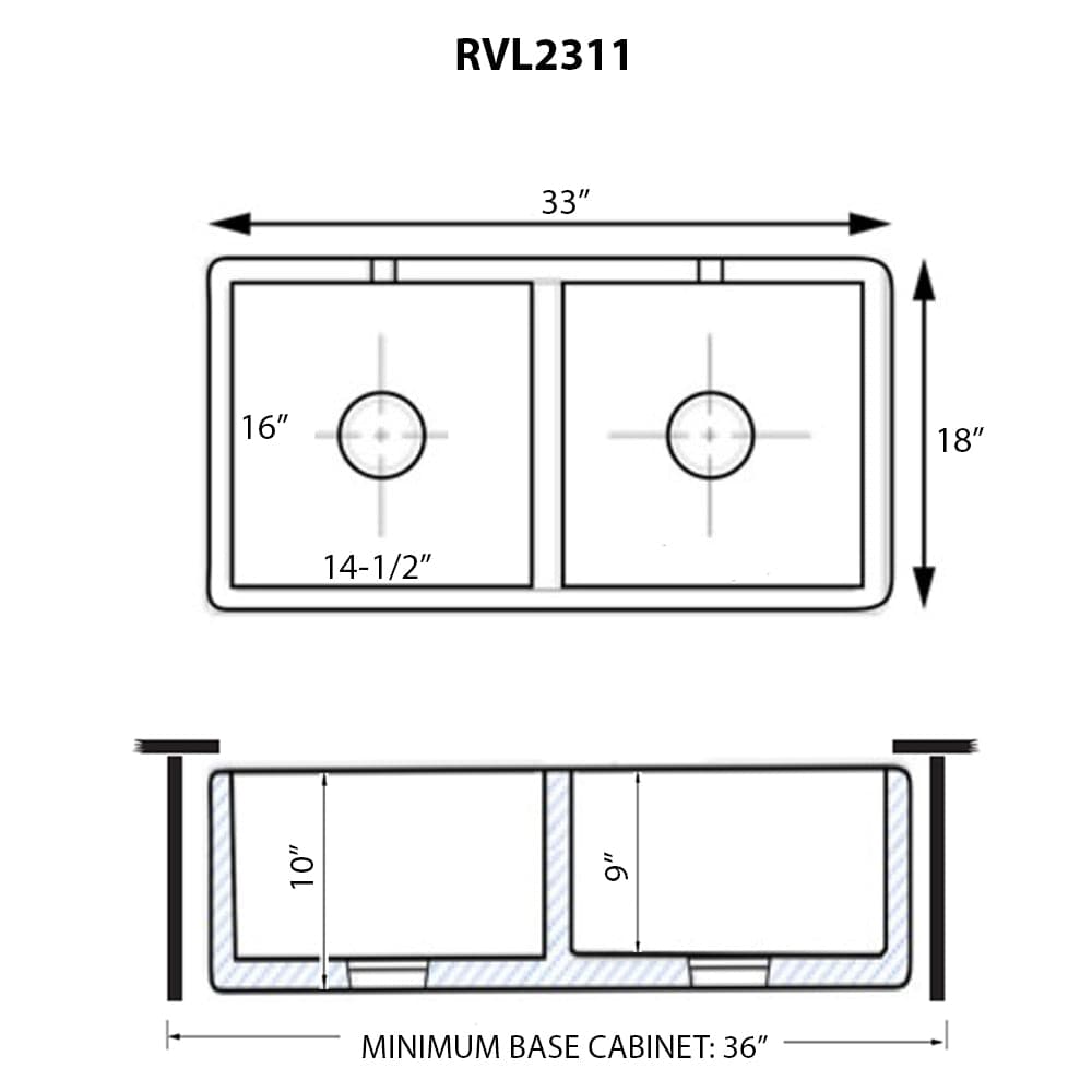 Ruvati Fiamma 33" Fireclay Double Bowl Kitchen Sink RVL2311WH dimensions diagram with bowl sizes and cabinet specifications.