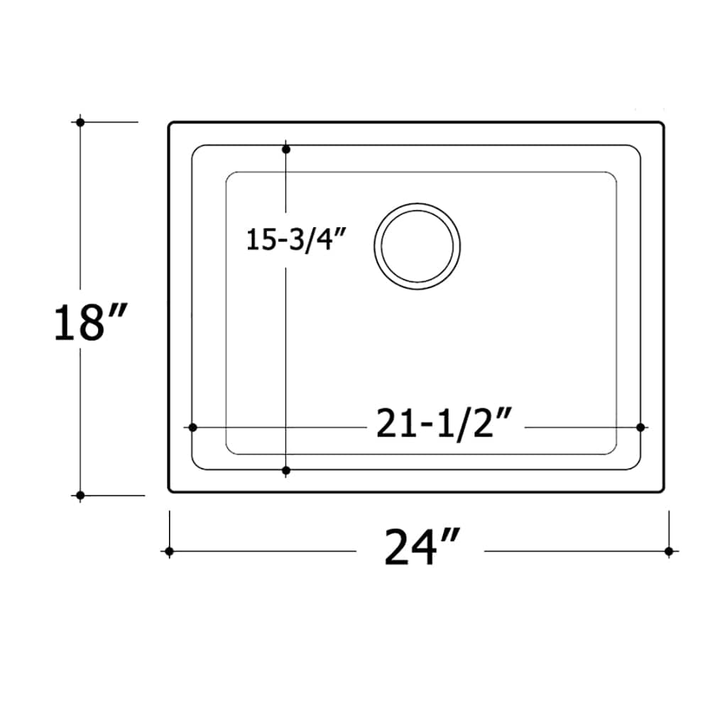 Ruvati Fiamma 24" Fireclay Topmount Kitchen Sink RVL2420WH dimensions diagram with labeled measurements.