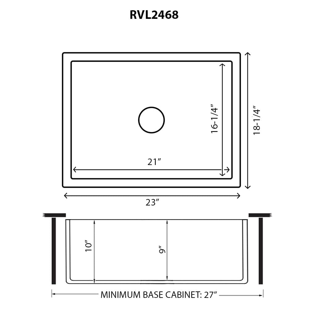 Ruvati Fiamma 23" Fireclay Kitchen Laundry Utility Sink RVL2468WH dimensions diagram