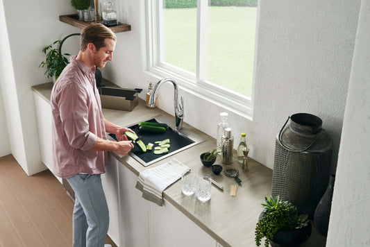 Ruvati Merino 15" Marine Grade Workstation RV Boat Outdoor Sink RVQ5210 in use for food preparation.