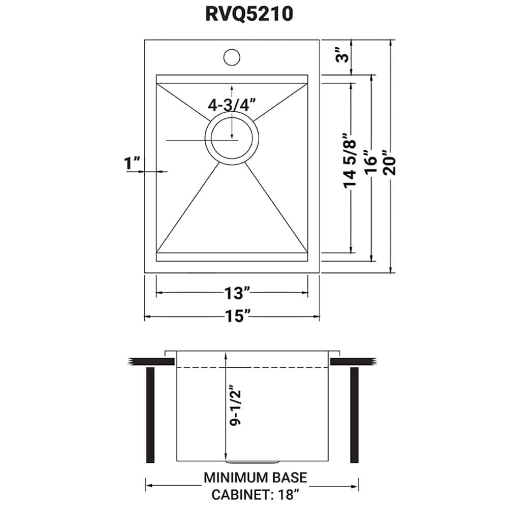 Ruvati Merino 15" Marine Grade Workstation RV Boat Outdoor Sink RVQ5210 dimensions and specifications diagram.