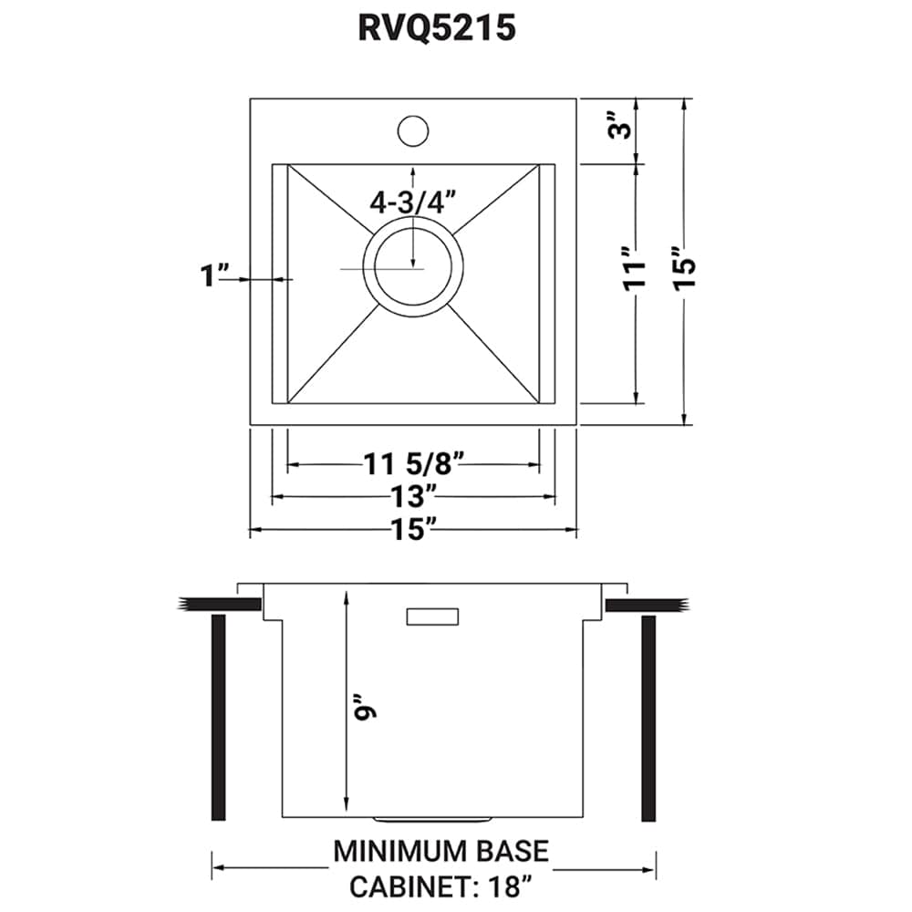 Ruvati Merino 15" Marine Grade Workstation RV Boat Outdoor Sink RVQ5215 dimensions and specifications diagram.