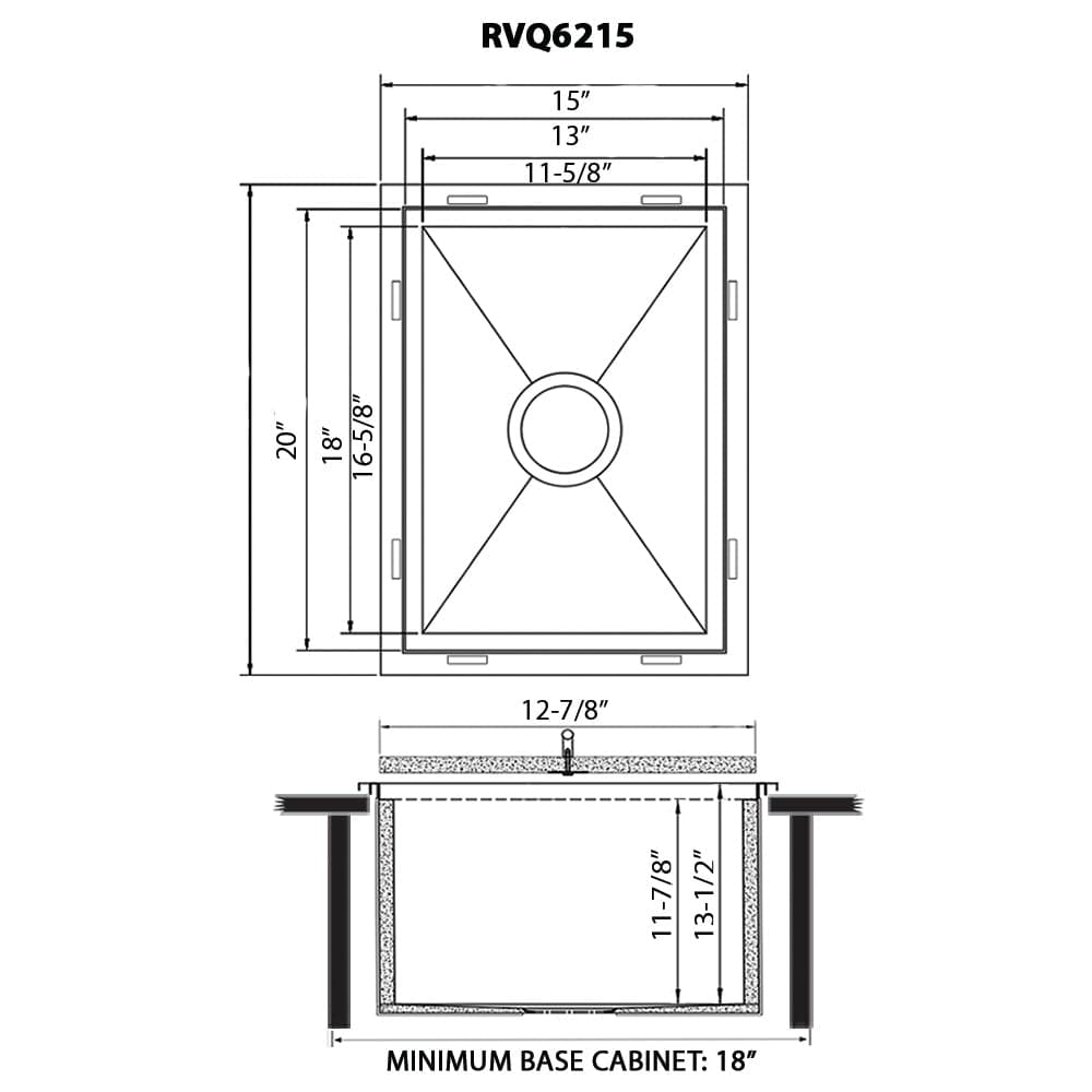 Dimensions of Ruvati Insulated Ice Chest Sink 15" BBQ Marine Grade Outdoor Sink RVQ6215 with layout specifications.