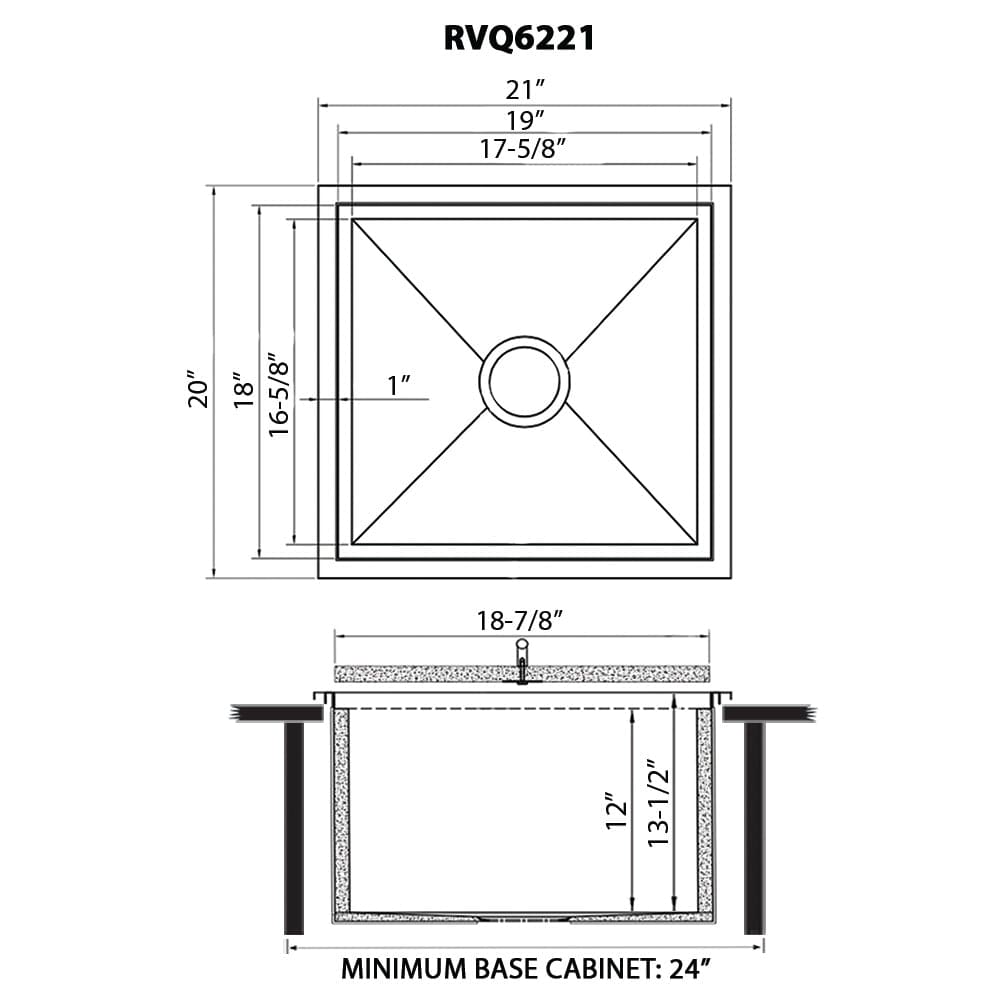 Ruvati Insulated Ice Chest Sink 21" BBQ Marine Grade Outdoor Stainless Steel RVQ6221 dimensions and specifications diagram