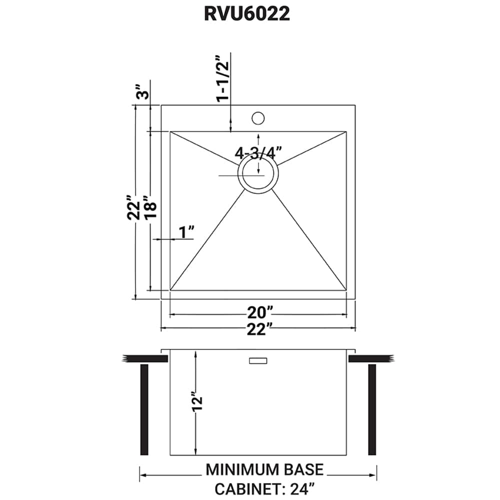 Diagram of Ruvati Forma 22" Stainless Steel Laundry Deep Utility Sink RVU6022 specifications and dimensions.