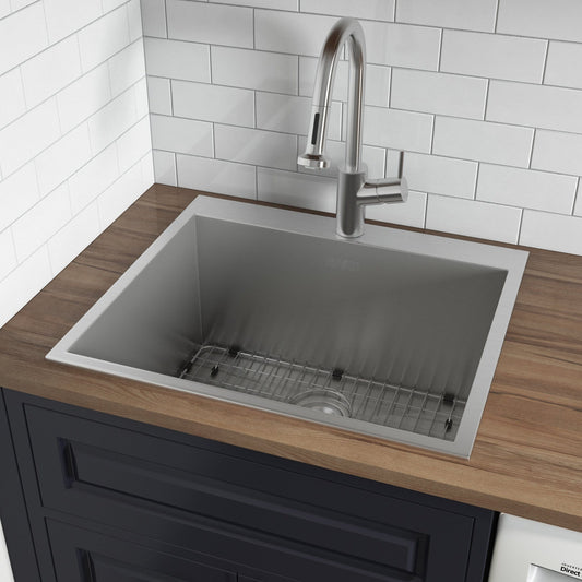 Ruvati Forma 22" Stainless Steel Laundry Deep Utility Sink RVU6022 installed in modern kitchen with faucet.