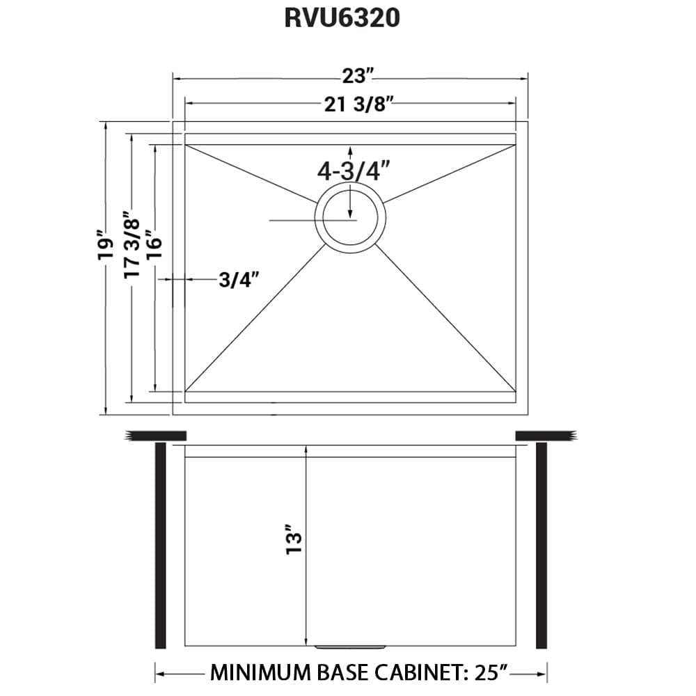 Ruvati Forma 23" Workstation Deep Laundry Utility Sink RVU6320 dimensions drawing with measurements and specifications.