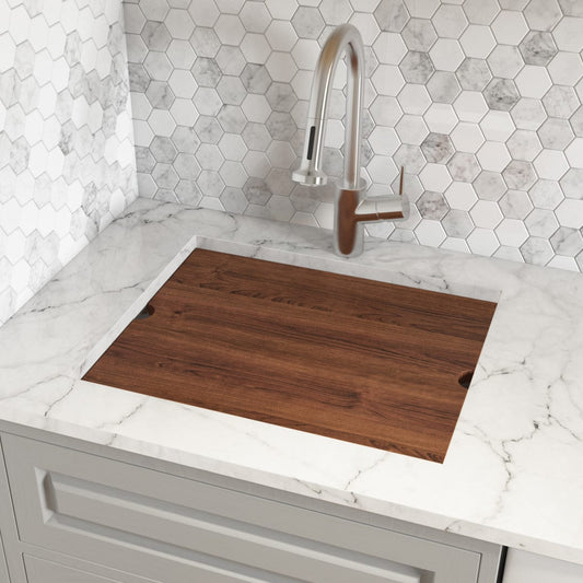 Ruvati Forma 23" Workstation Deep Laundry Utility Sink RVU6320 with wood cutting board on white marble countertop.
