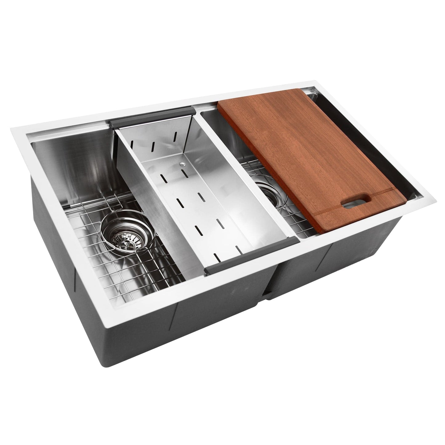 Nantucket 32" Pro Series Double Bowl Prep Station Kitchen Sink SR-PS-3219-DE-16 with wooden cutting board and dual bowls.