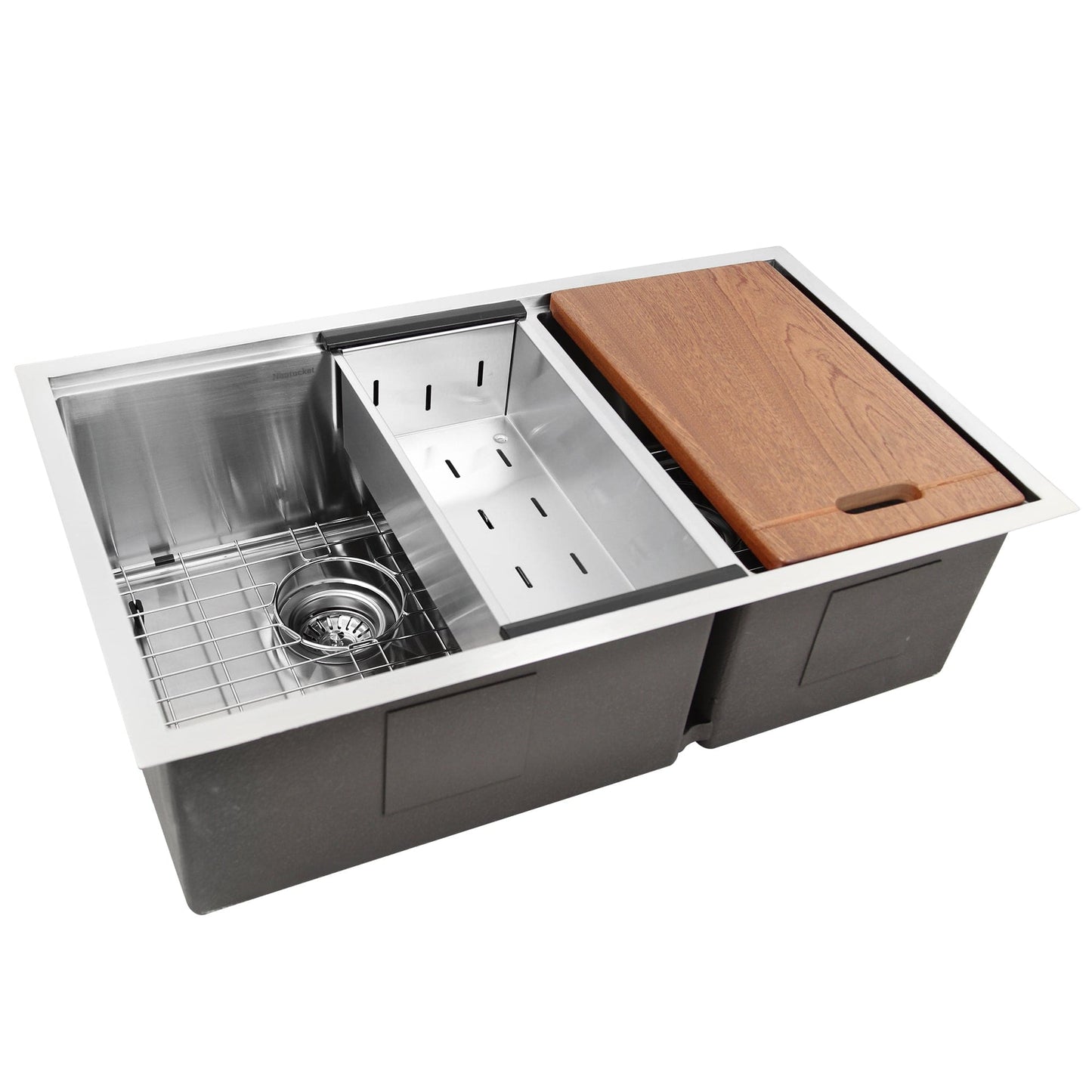 Nantucket 32" Pro Series Offset Double Bowl Prep Station Kitchen Sink SR-PS-3219-OS-16 with wooden cutting board.