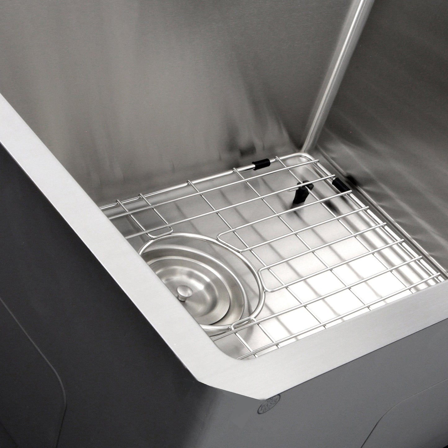 Nantucket 23" Undermount Stainless Steel Kitchen Sink SR2318-16 interior view with stainless steel grid and drain.