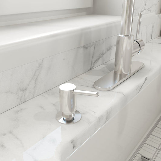 BOCCHI TRONTO 2.0 Kitchen Soap Dispenser installed on a stylish marble kitchen countertop beside a modern faucet.