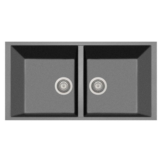 LaToscana Elegance Series 34" Undermount Double Bowl Kitchen Sink in silver front view with two drain openings.