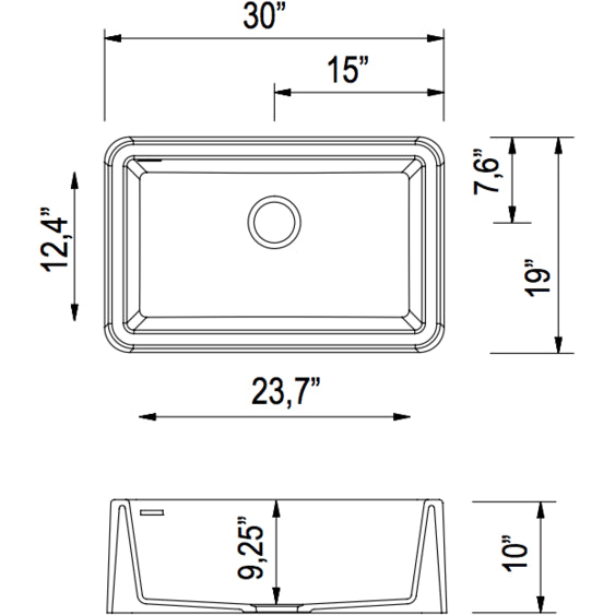 LaToscana Marmorin Series 30" Farmhouse Kitchen Sink dimensions front view with detailed measurements displayed.