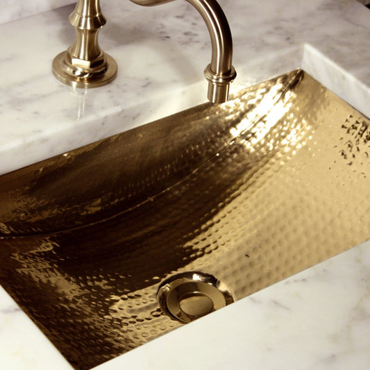 Nantucket 19.8" Hand Hammered Brass Rectangle Undermount Bathroom Sink with Overflow - TRB-OF close-up view showcasing the elegant finish.