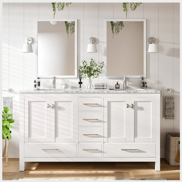 Eviva London 60 x 18 White Transitional Double Sink Bathroom Vanity with White Carrara Top