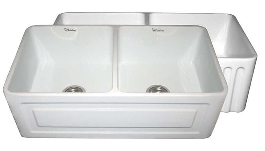 WHITEHAUS 33" Farmhaus Fireclay Reversible Double Bowl Sink WHFLRPL3318-WHITE