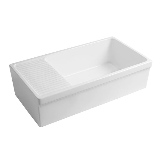 WHITEHAUS 36" Farmhaus Quatro Alcove Large Reversible Matte Fireclay Kitchen Sink WHQD540, side view with integral drainboard.