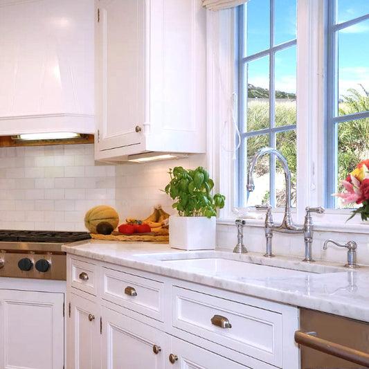 Nantucket 32" Cape Collection Fireclay Kitchen Sink Wellfleet-3218W in a modern kitchen with window view.