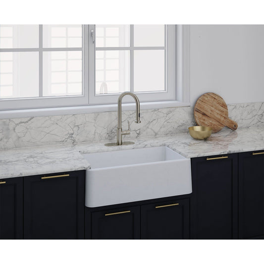 LaToscana Marmorin Series 30" Farmhouse Kitchen Sink front view with modern faucet and marble countertop.