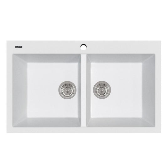 LaToscana Plados 34" Drop-In Double Bowl Kitchen Sink in Milk White - top view showcasing double bowl design.