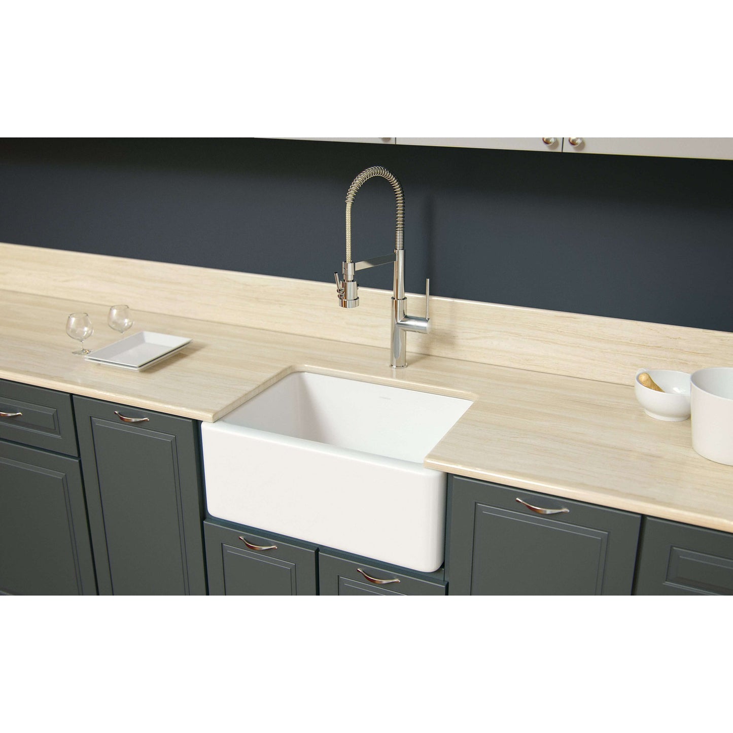 Latoscana 24" Reversible Fireclay Single Bowl Farmhouse Sink front view with modern faucet and kitchen countertop.