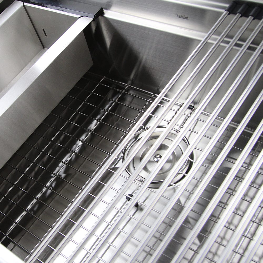 Nantucket 32" Pro Series Prep Station Kitchen Sink ZR-PS-3220-16 showcasing multi-level design with stainless steel surface.