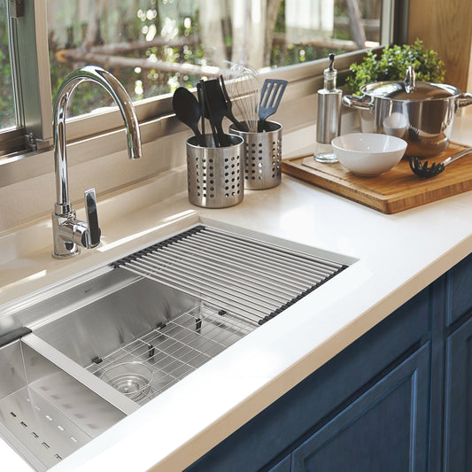 Nantucket 32" Pro Series Prep Station Kitchen Sink ZR-PS-3220-16 with modern kitchen tools and accessories.