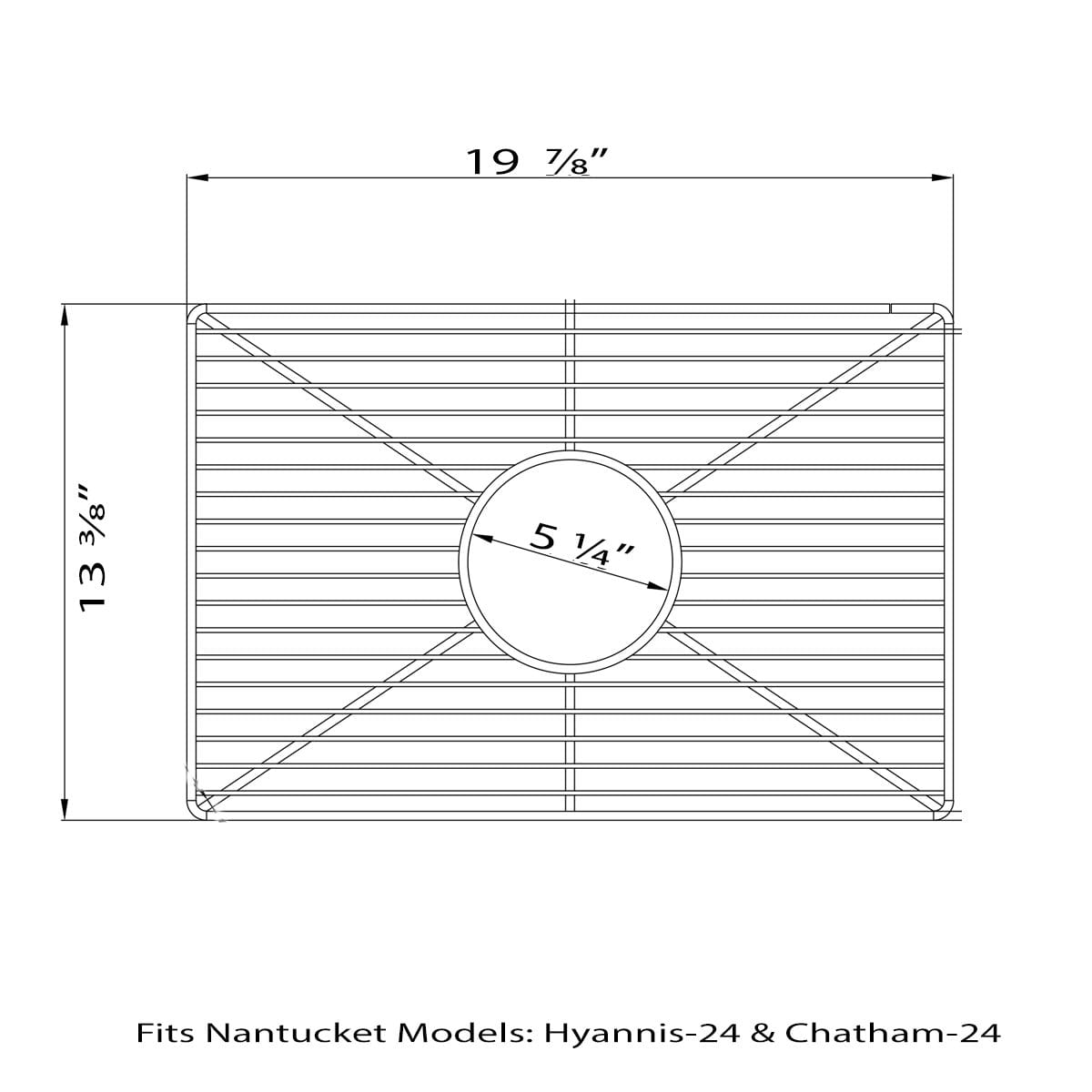 Nantucket Stainless Steel Bottom Grid - BG-HC24 dimensions illustration, fitting models Hyannis-24 and Chatham-24.