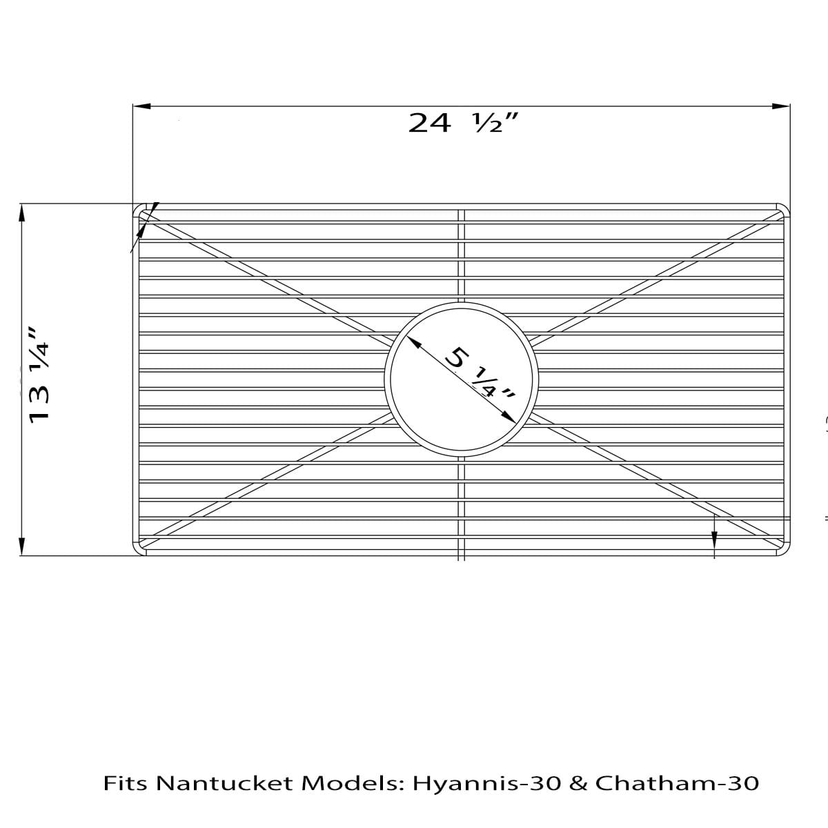 Nantucket Stainless Steel Bottom Grid - BG-HC30 drawing with dimensions for Hyannis-30 & Chatham-30 sinks.