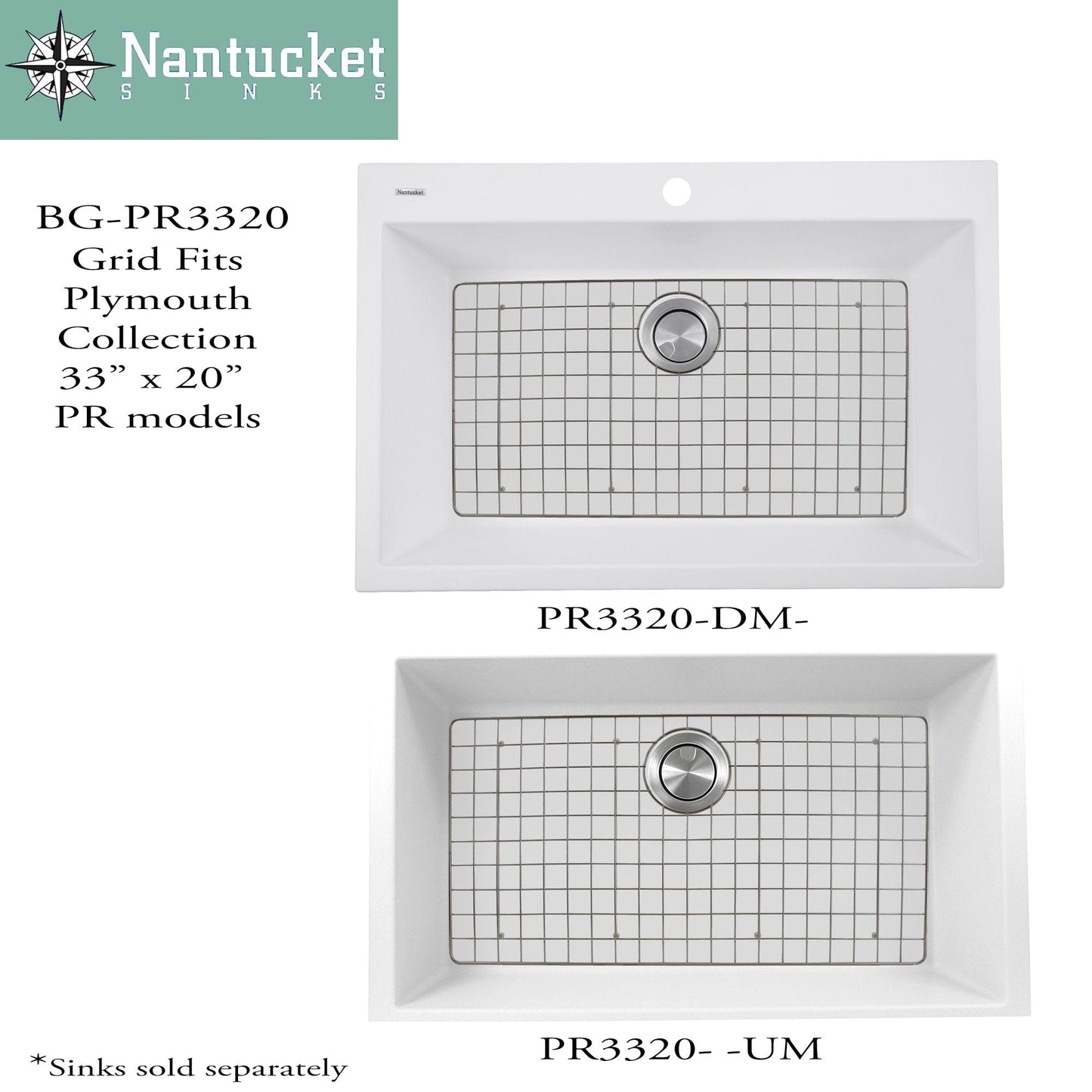 Nantucket Stainless Steel Bottom Grid - BG-PR3320 shown with Plymouth Collection sinks PR3320-DM and PR3320-UM.