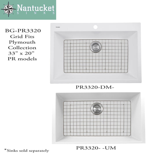 Nantucket Stainless Steel Bottom Grid - BG-PR3320 shown with Plymouth Collection sinks PR3320-DM and PR3320-UM.