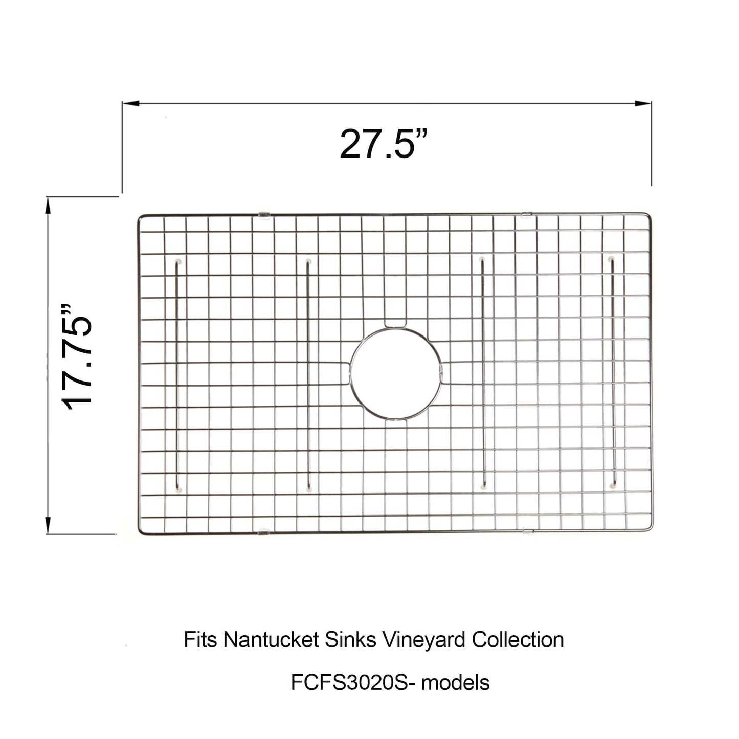 Nantucket Stainless Steel Bottom Grid - BG-VC30S diagram with dimensions and compatibility information.