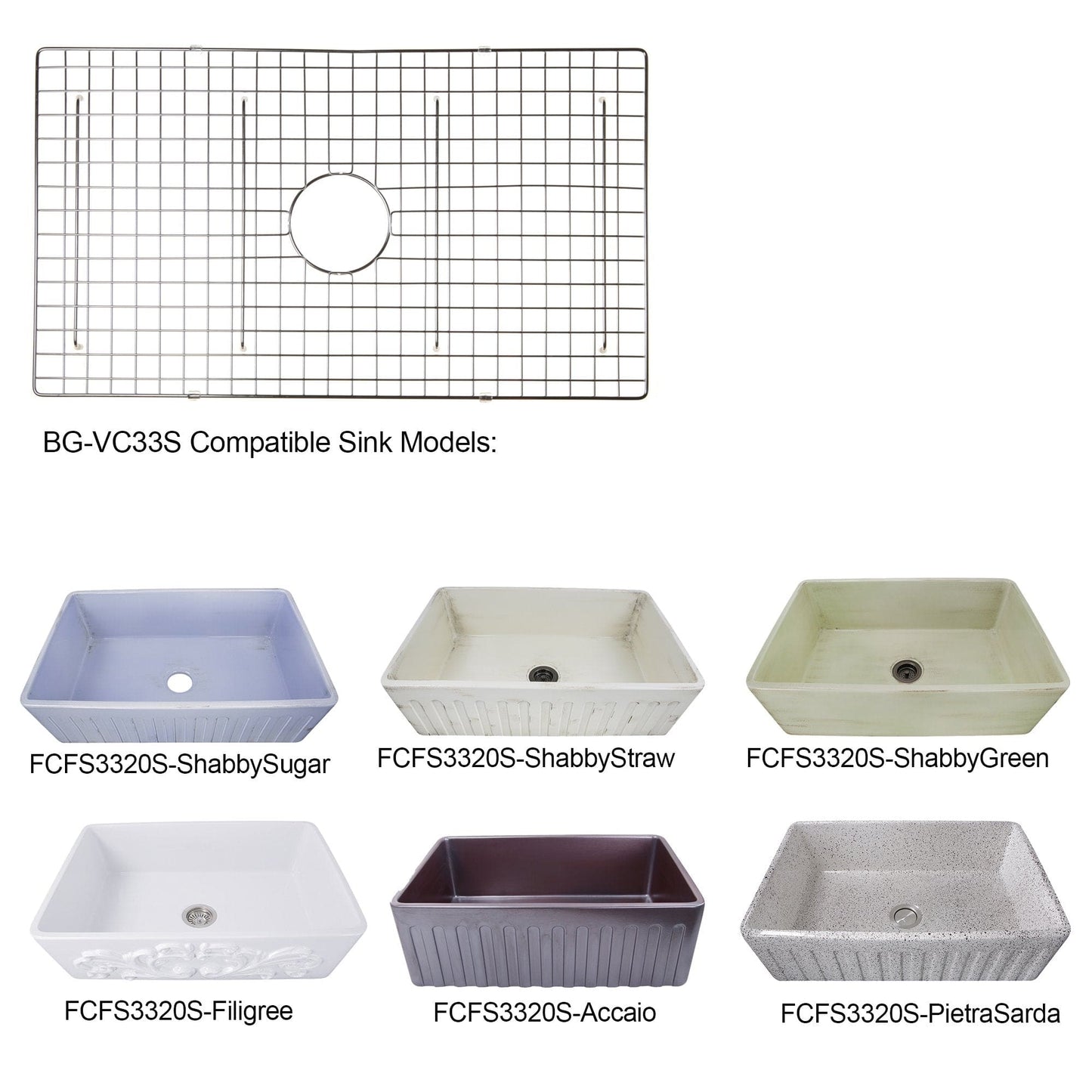 Nantucket Stainless Steel Bottom Grid - BG-VC33S compatible with various fireclay sink models including FCFS3320S series.
