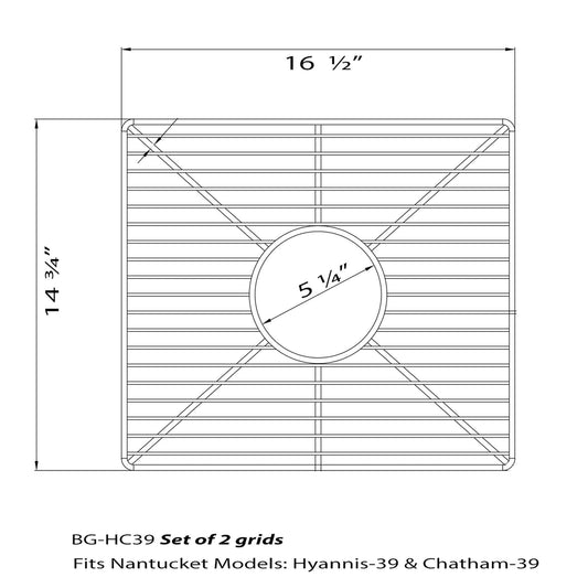Nantucket Stainless Steel Bottom Grids Set - BG-HC39 dimensions diagram showing grid specifications and compatibility.