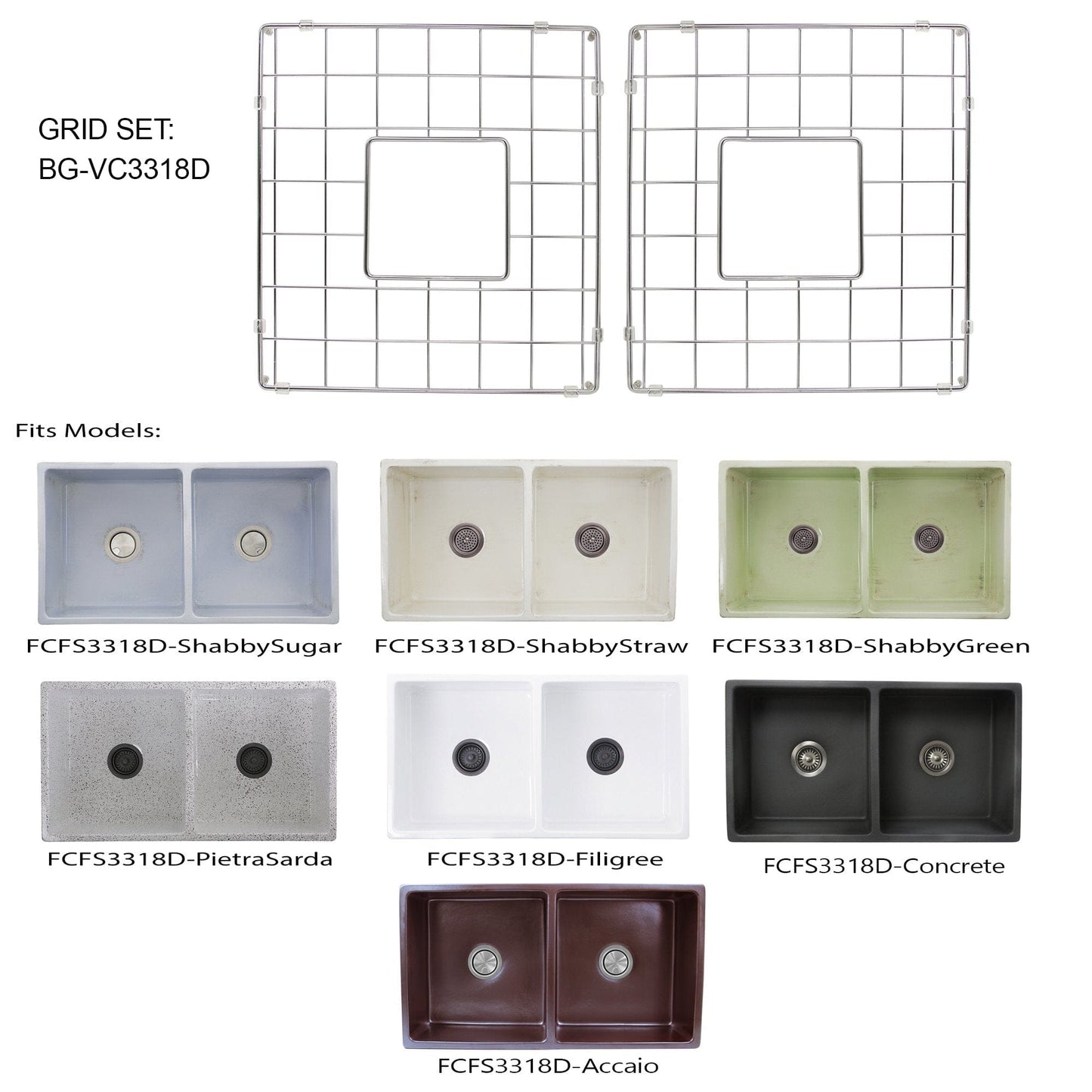 Nantucket Stainless Steel Bottom Grids Set - BG-VC3318D for fireclay sink models, showcasing dual racks for double bowl protection.