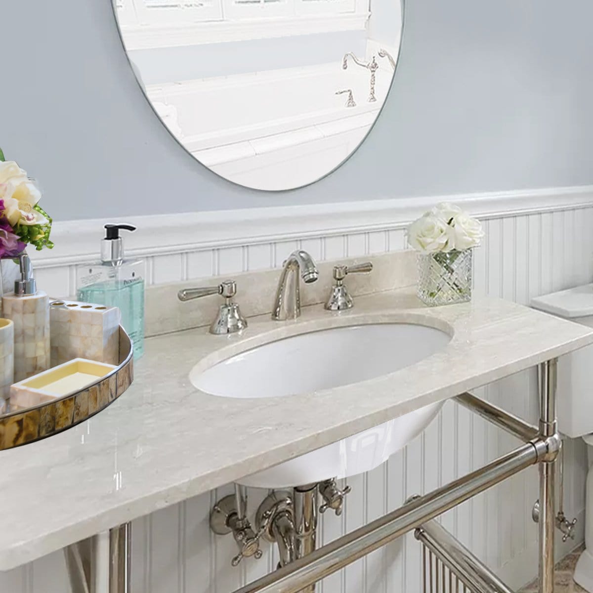 Elegant bathroom with Nantucket Glazed Bottom Undermount Oval Ceramic Sink In White - GB-15x12-W and stylish decor.