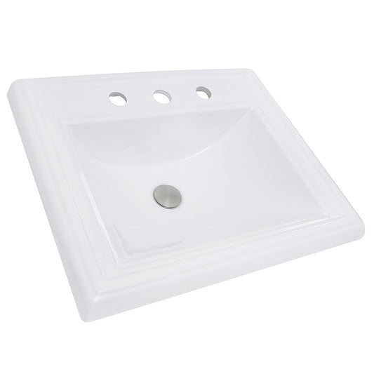 Nantucket 23" Rectangular Drop-In Ceramic Vanity Sink - DI-2418-R8 in white with three faucet holes.