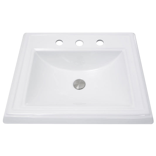 Nantucket 23" Rectangular Drop-In Ceramic Vanity Sink - DI-2418-R8 in white with three faucet holes.