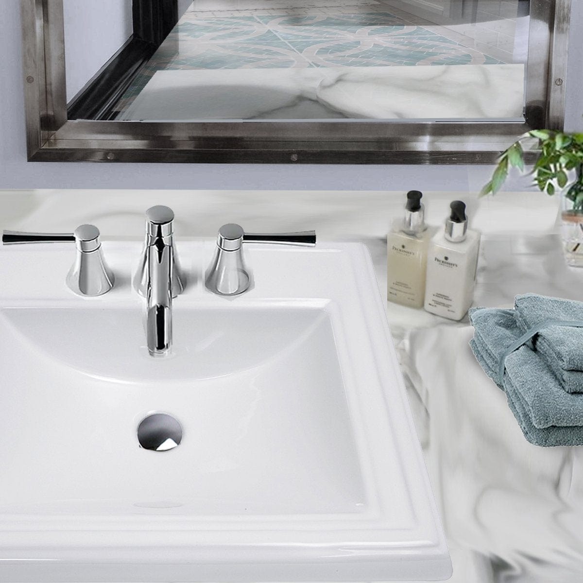 Nantucket 23" Rectangular Drop-In Ceramic Vanity Sink - DI-2418-R8 with chrome faucet and adjacent toiletries.
