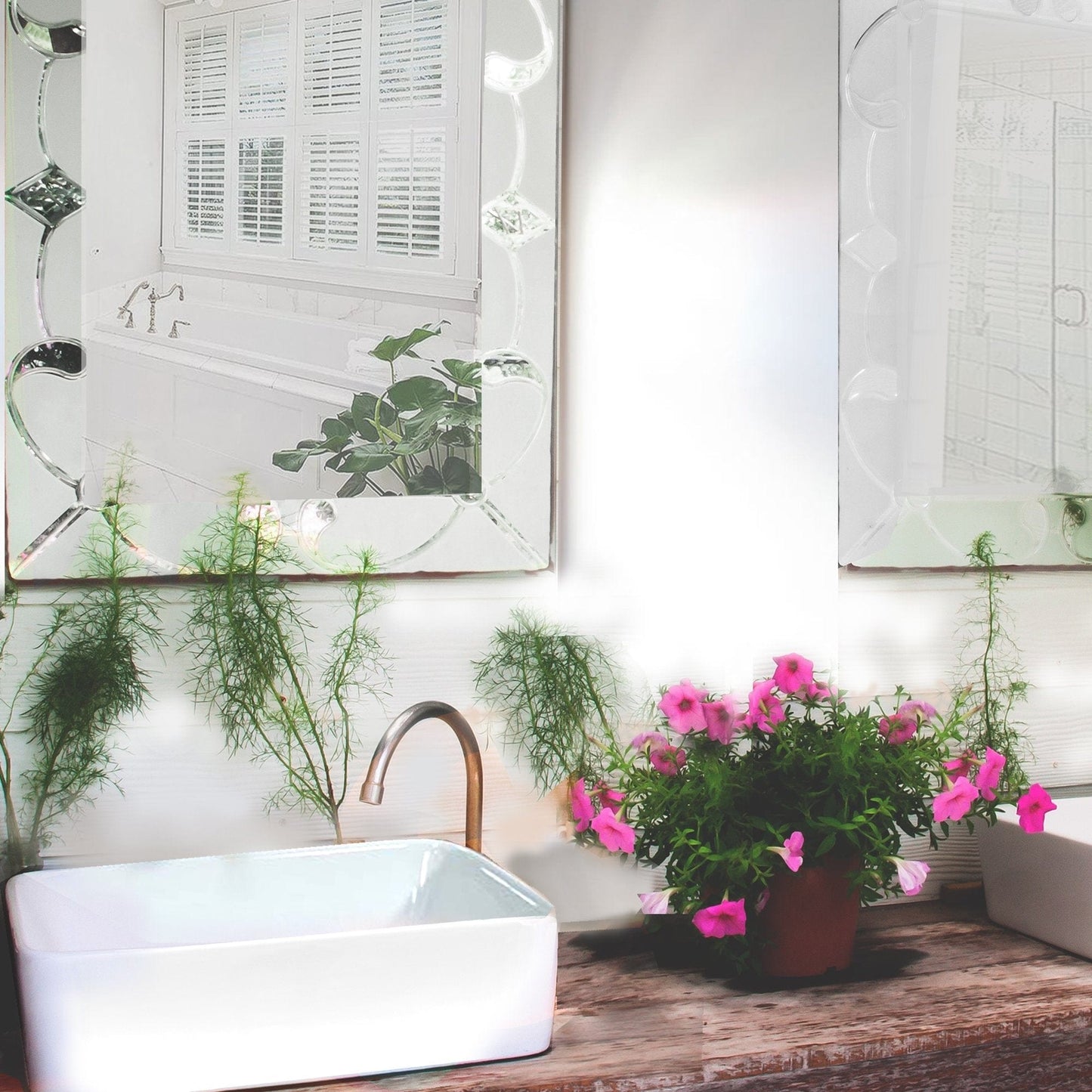 Nantucket Rectangle White Vessel Sink - NSV105 displayed in a stylish bathroom setting with artwork and plants.