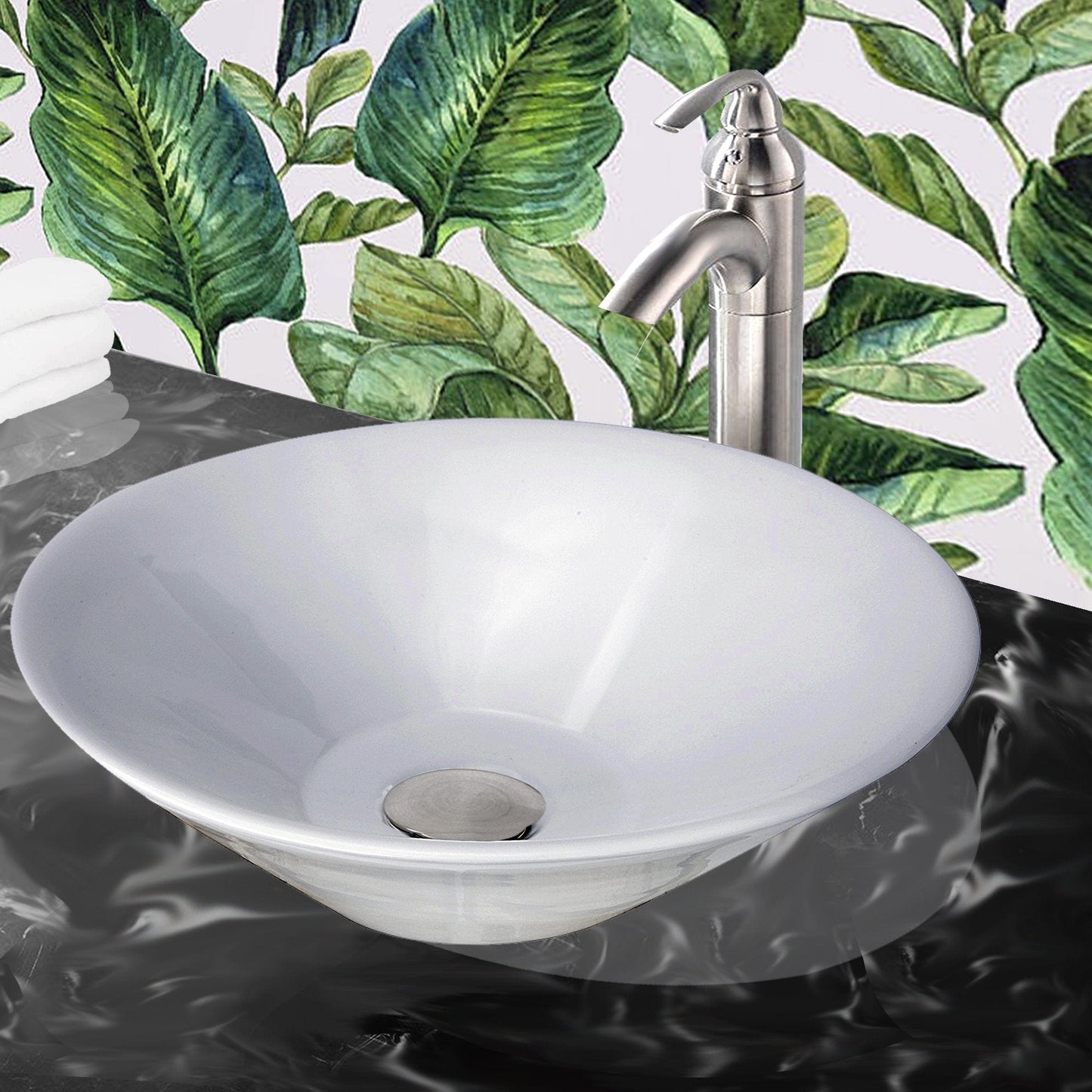 Nantucket Round White Vessel Sink With Overflow NSV222 displayed on a modern countertop with greenery backdrop.