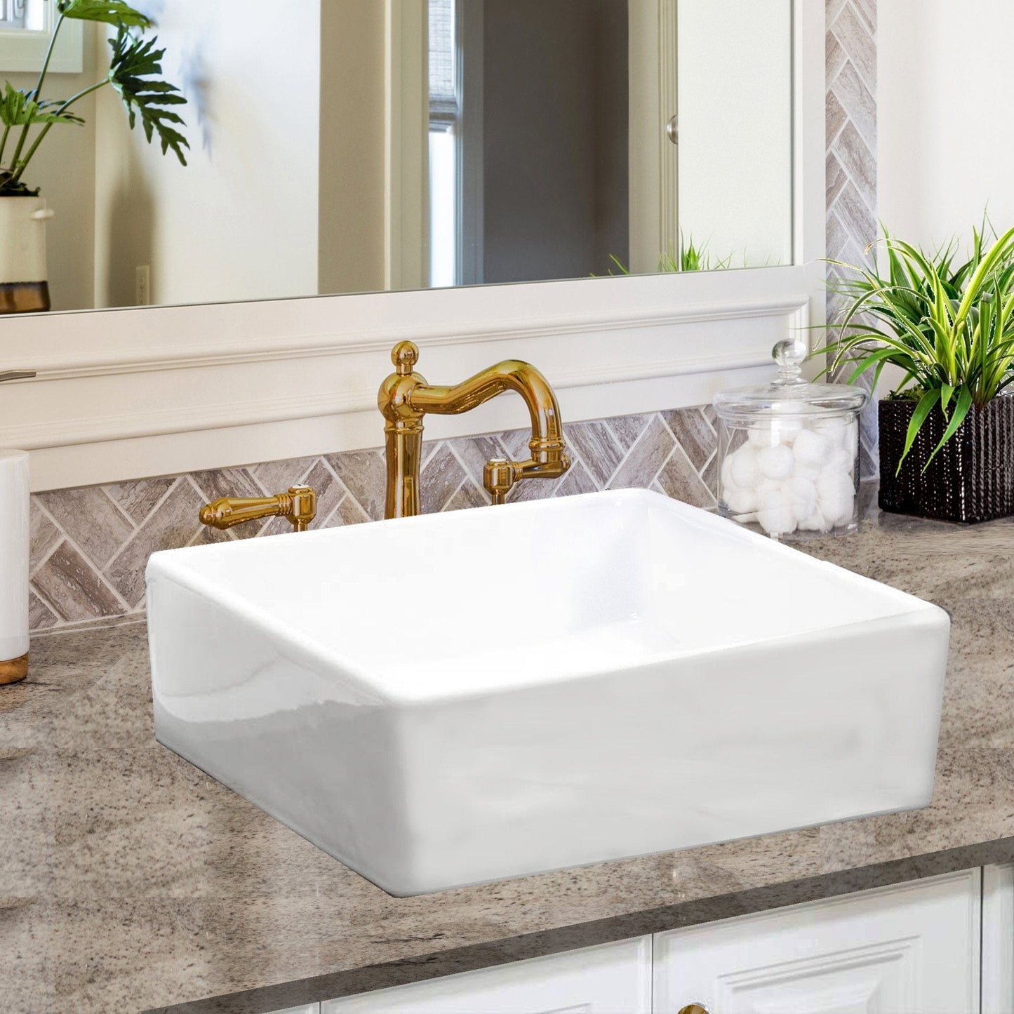 Nantucket Square White Vessel Sink - NSV107A installed on a modern bathroom countertop with a gold faucet.