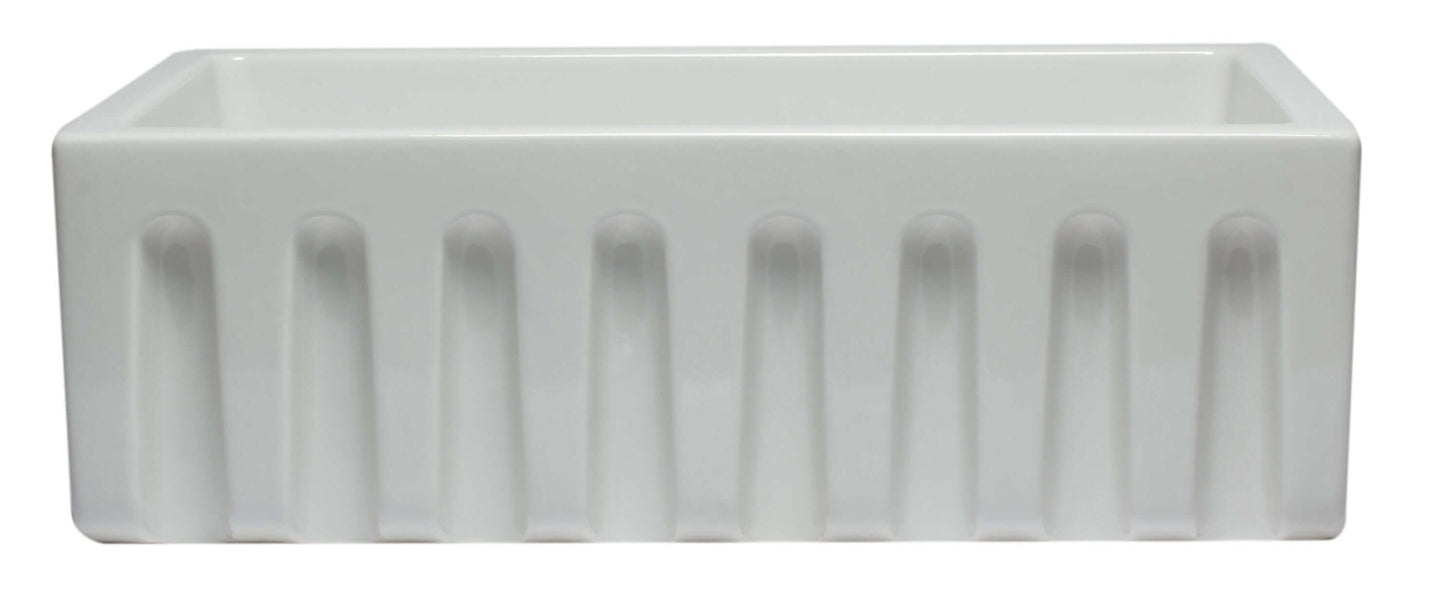 ALFI 30" White Reversible Fireclay Farmhouse Sink showcasing smooth and fluted apron designs in pristine white.