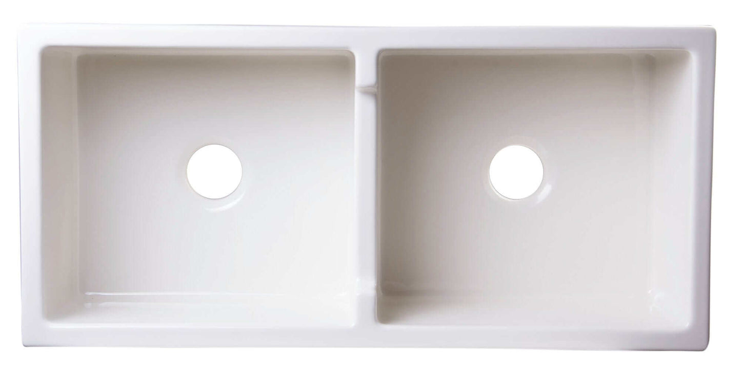 ALFI 39" Biscuit Arched Thick Wall Fireclay Double Bowl Farm Sink AB3918ARCH-B with two spacious basins.
