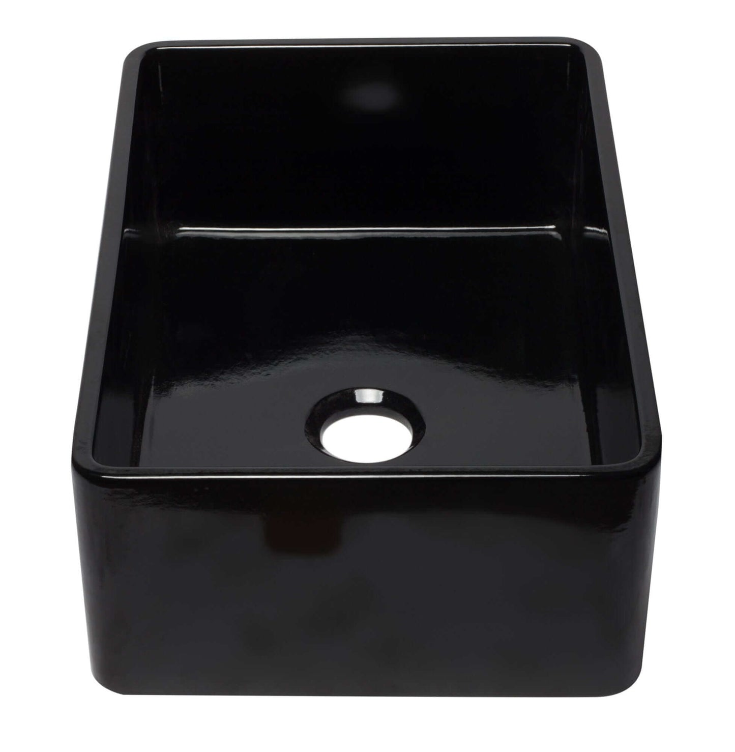 ALFI 30" Black Reversible Single Fireclay Farm Kitchen Sink AB3020SB-BG showcasing its glossy black finish.