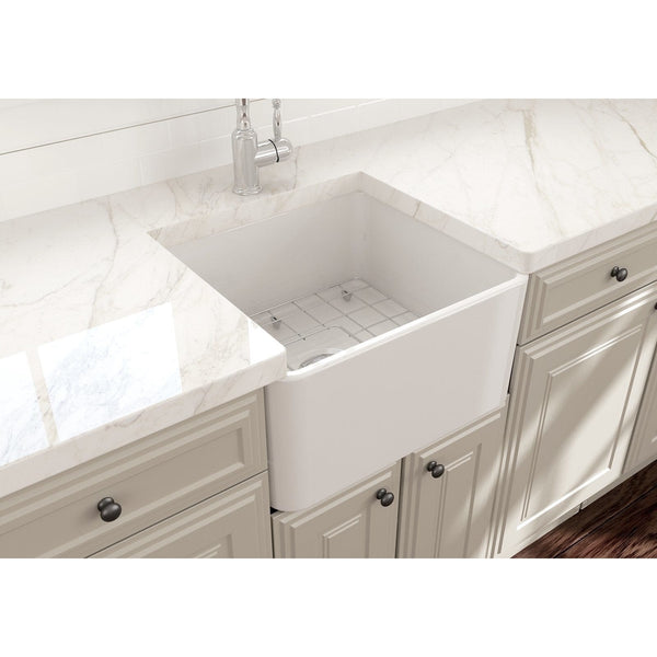 BOCCHI CLASSICO 20 Fireclay Farmhouse Single Bowl Kitchen Sink with Protective Bottom Grid and Strainer