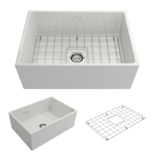 BOCCHI CONTEMPO 27" Fireclay Farmhouse Single Bowl Kitchen Sink with Protective Bottom Grid and Strainer top view and various angles.