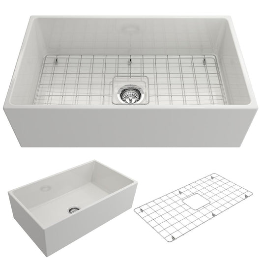 Product image of the Bocchi Contempo 33" Fireclay Farmhouse sink in White detailing included parts below main image