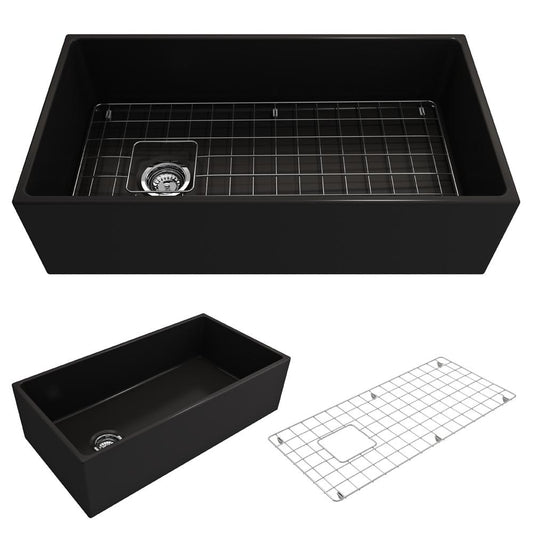 BOCCHI CONTEMPO 36" Fireclay Farmhouse Single Bowl Kitchen Sink with Protective Bottom Grid and Strainer in Matte Black, top view and side view.
